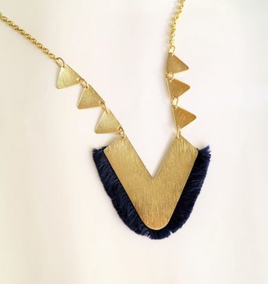 Long V Golden with Blue Tassel Necklace