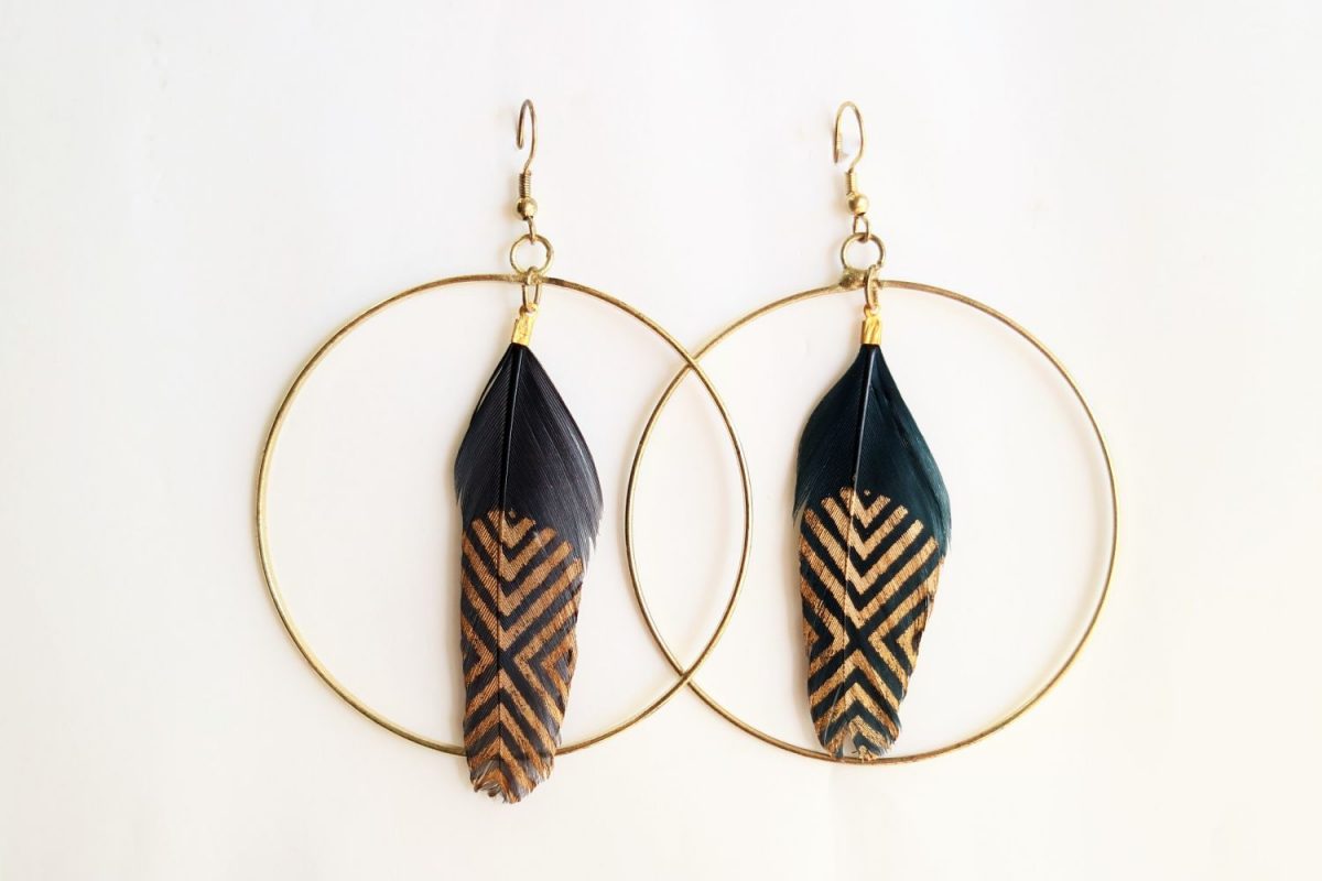 Dangling Feather Earrings in Plain Metal 14k Yellow Gold - AD1439